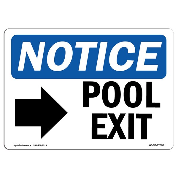 Safety Sign, OSHA Notice, 12" Height, Pool Exit (Right Arrow) Sign With Symbol, Landscape